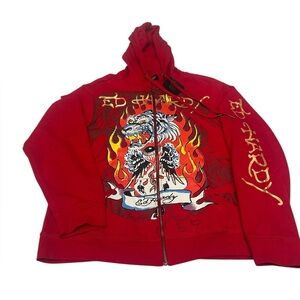 Ed Hardy Tiger Flame Full Zip Red Fleece Hoodie Sz XL NWT